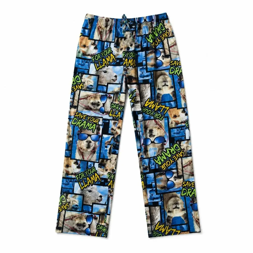 Y2K Llama Graphic Pajama Pants Mens Lounge Sleepwear Flannel Drawstring Cozy 90s